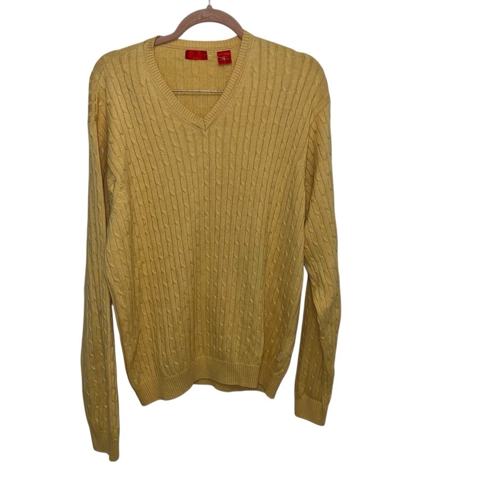 IZOD XL Cable Knit Pullover V-Neck Long Sleeve mustard Sweater 100% Cotton